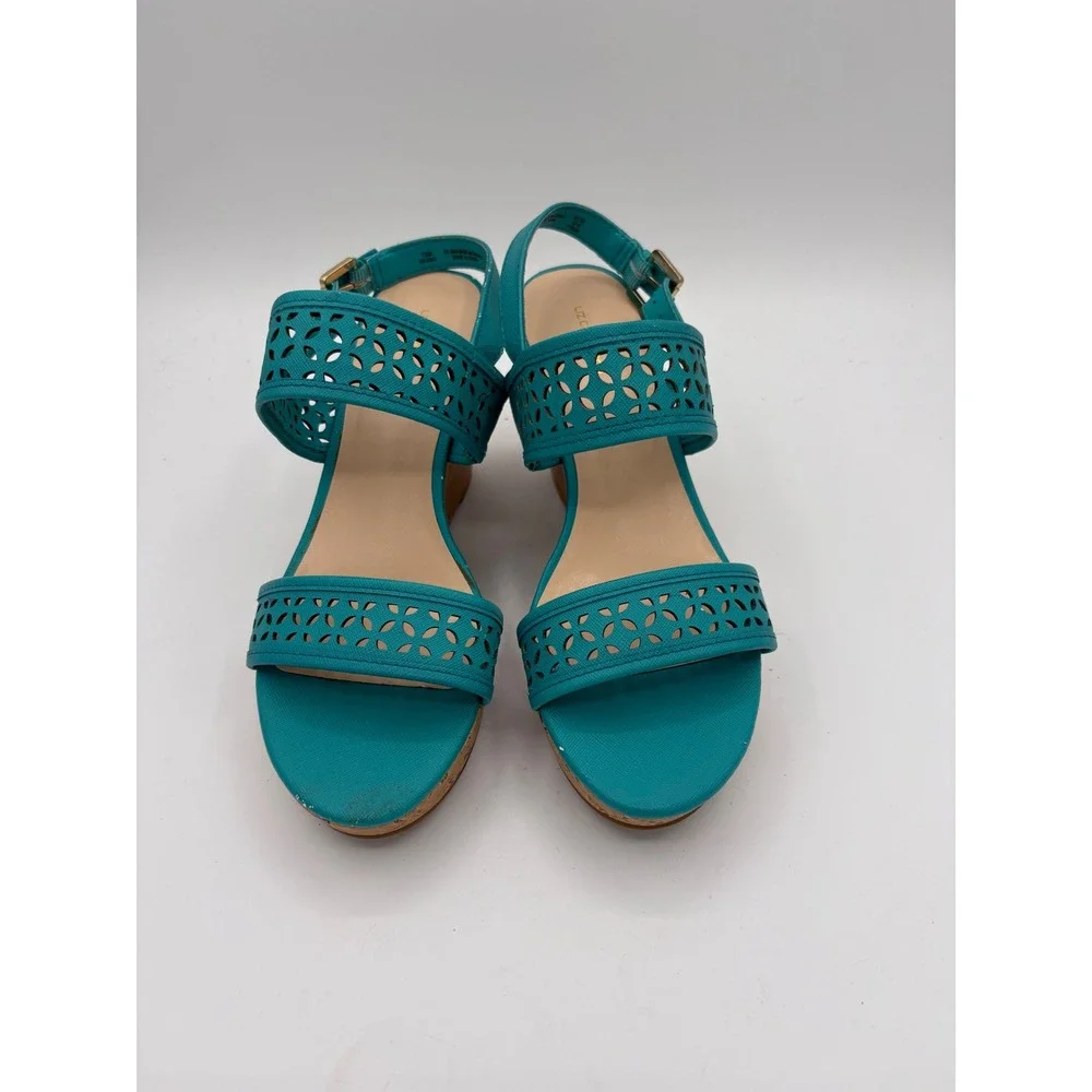 Liz Claiborne Teal Laser Cut Cork Wedge Sandals Womens 7.5M Blue 106-6263
